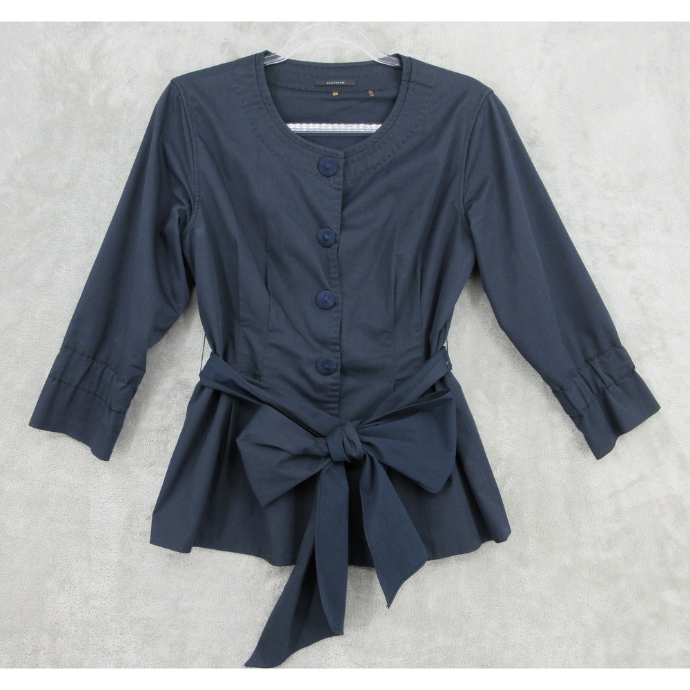 Elie Tahari Jacket Womens Size S Navy Blue Belted Peplum Button Quiet Luxury